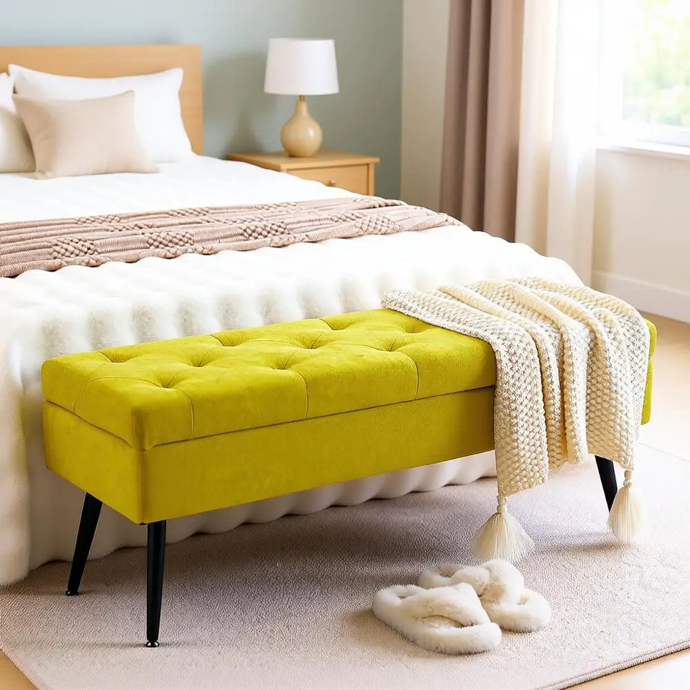 Upholstered Storage Ottoman Bench, 43.5 Yellow Entryway Furniture, Supports 660lbs