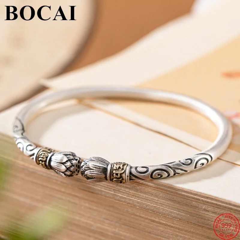 

BOCAI S999 Sterling Silver Bracelets Popular Six Syllable Mantra Lotus Bangle Pure Argentum Hand Ornament Jewelry for Women