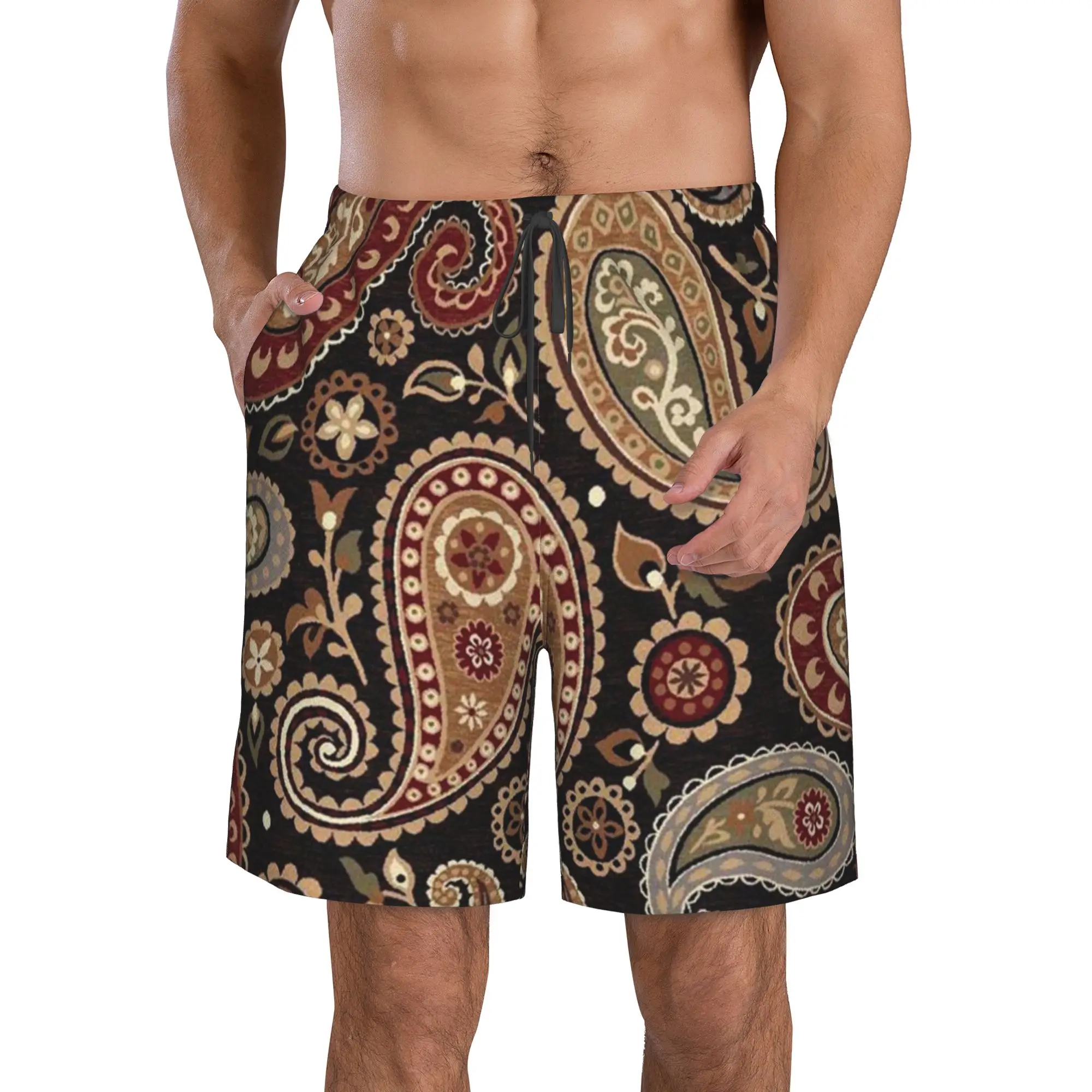 Dark-Colored Paisley Pattern Trunks Beach Board Shorts Casual Quick Dry Swimming Summer Men Pants
