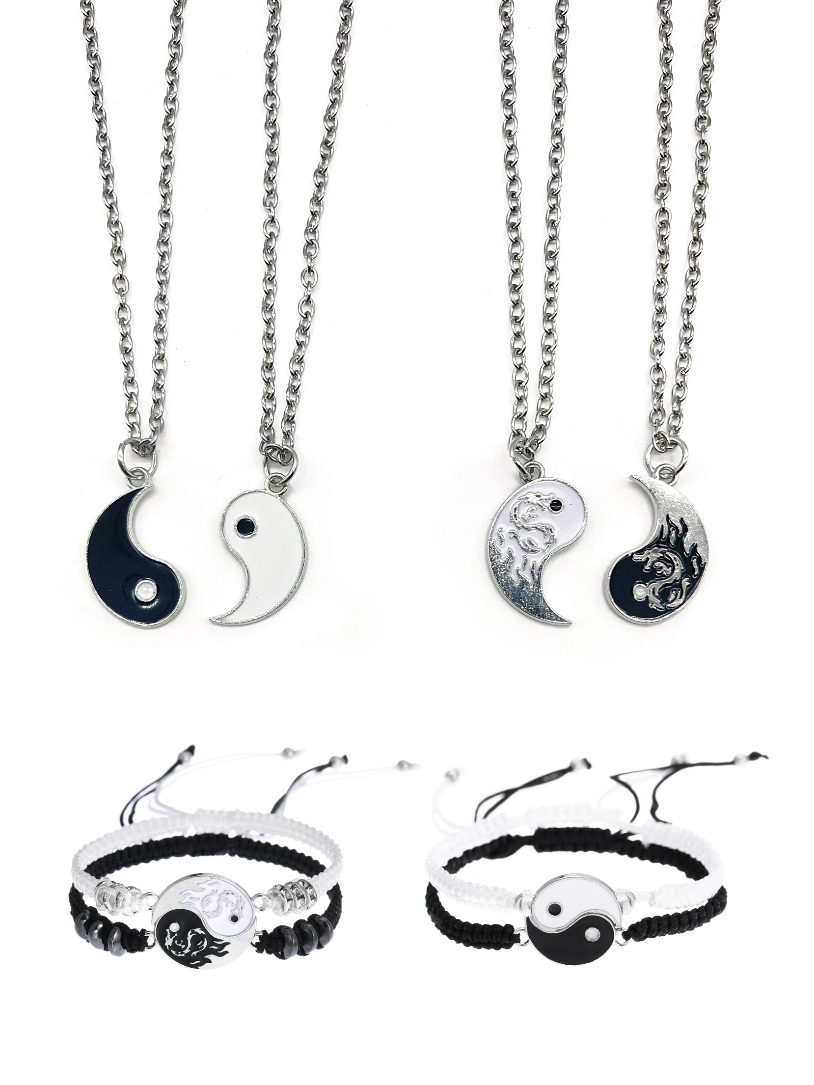 8Pcs Chinese Style Dragon TaiChi, YinYang Couple Jewelry Set, Black and White Woven Bracelet and Necklace Set, Gift for bestfrie