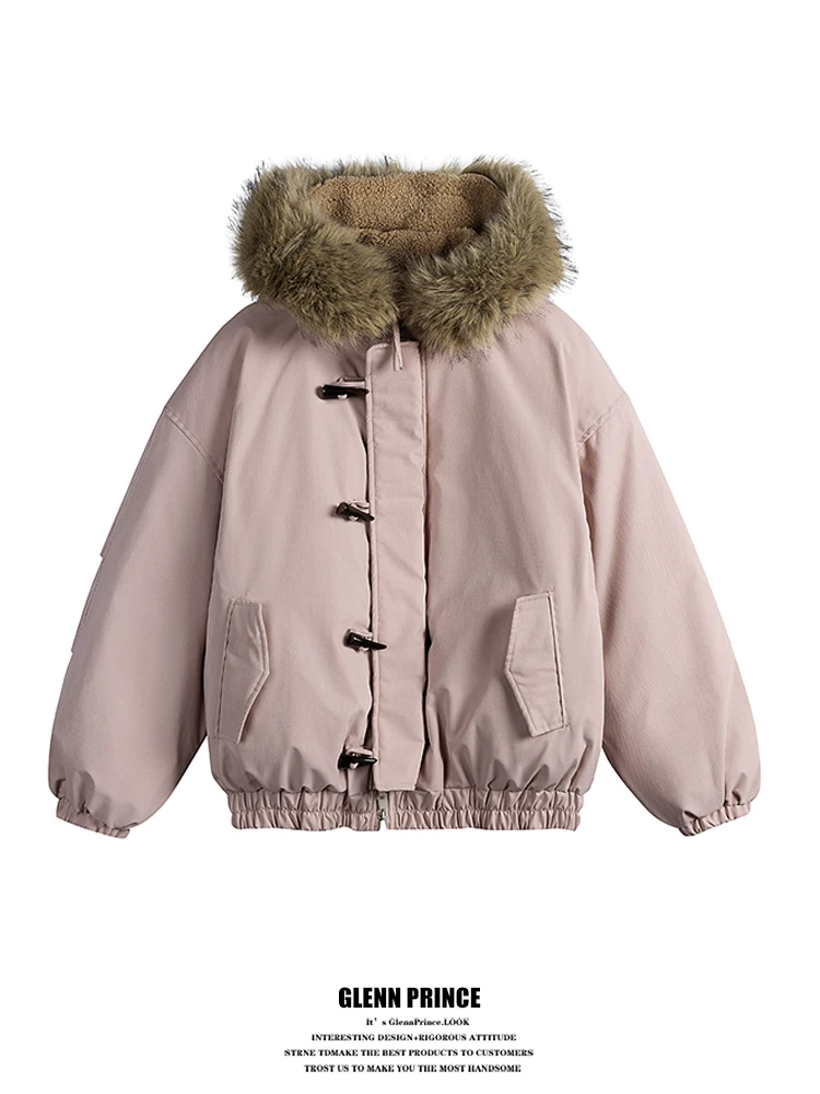 

GPstudio Американское ретро-пальто на пуговицах с розовым меховым воротником, зимняя теплая хлопковая куртка для улицы, молодежная модная куртка из полиэфирного волокна