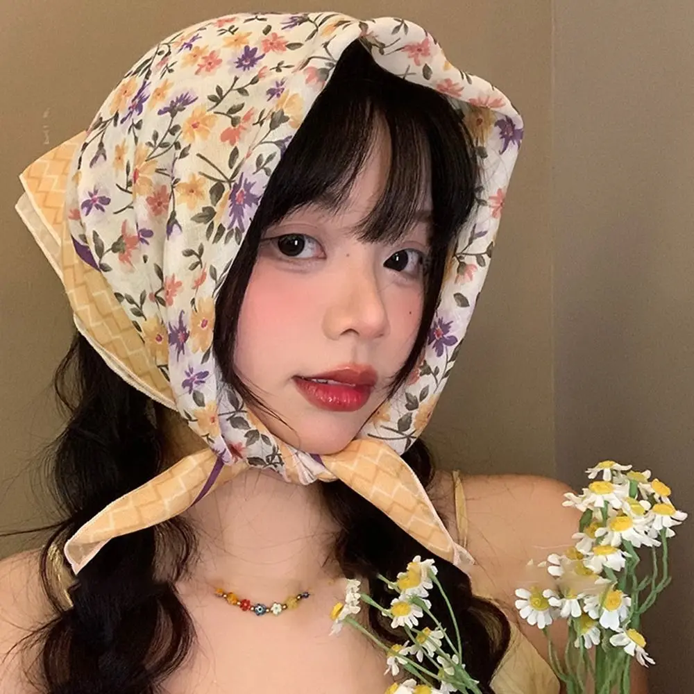 Headband Triangle Headscarf Cute Soft Wrap Cotton&Linen Printing Hair Scarf Pastoral Style Vintage Hair Ribbon Scarf Beach