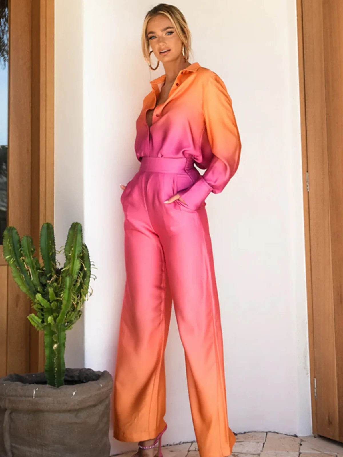 

Fashionable Women's Shirt And Wide Leg Pants Set Summer 2023 Polyester Long Sleeve Zipper Closure Casual Sportswear Ensemble
