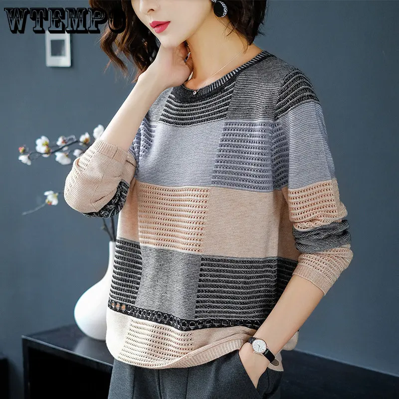 Hollow Knit Sweater Women\'s Top Colorblock Loose Striped Long Sleeve Bottoming Short Section Spring Autumn Drop Shipping