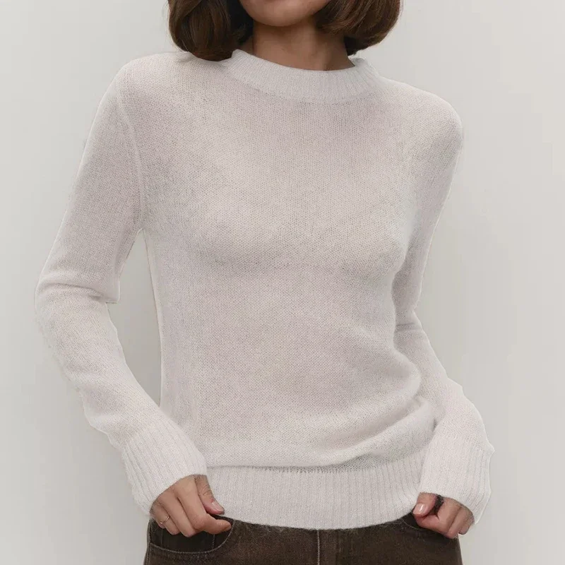 Thin Mohair Round Neck Sweaters Women Korean Fashion Breathable Knitted Long Sleeve Pullovers Woman Transparent Pullover Sweater