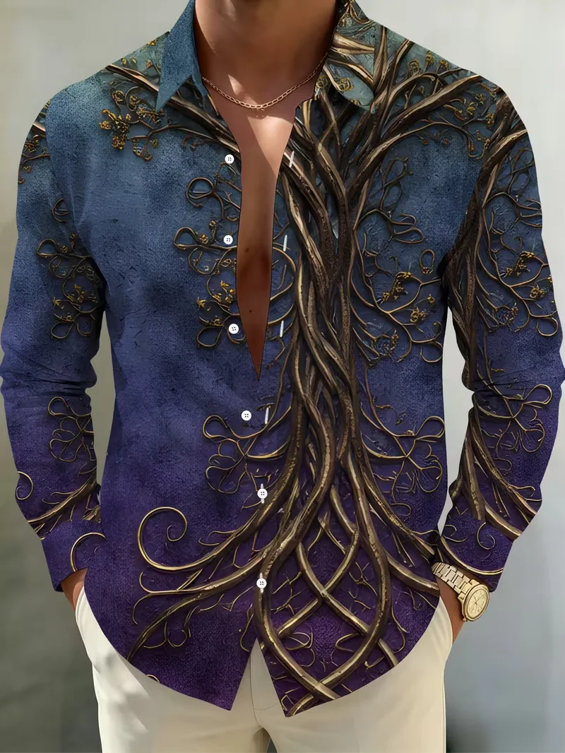 2026 European style court feather rolled grass printed long sleeved shirt with high-end satin slim fit men's lapel top