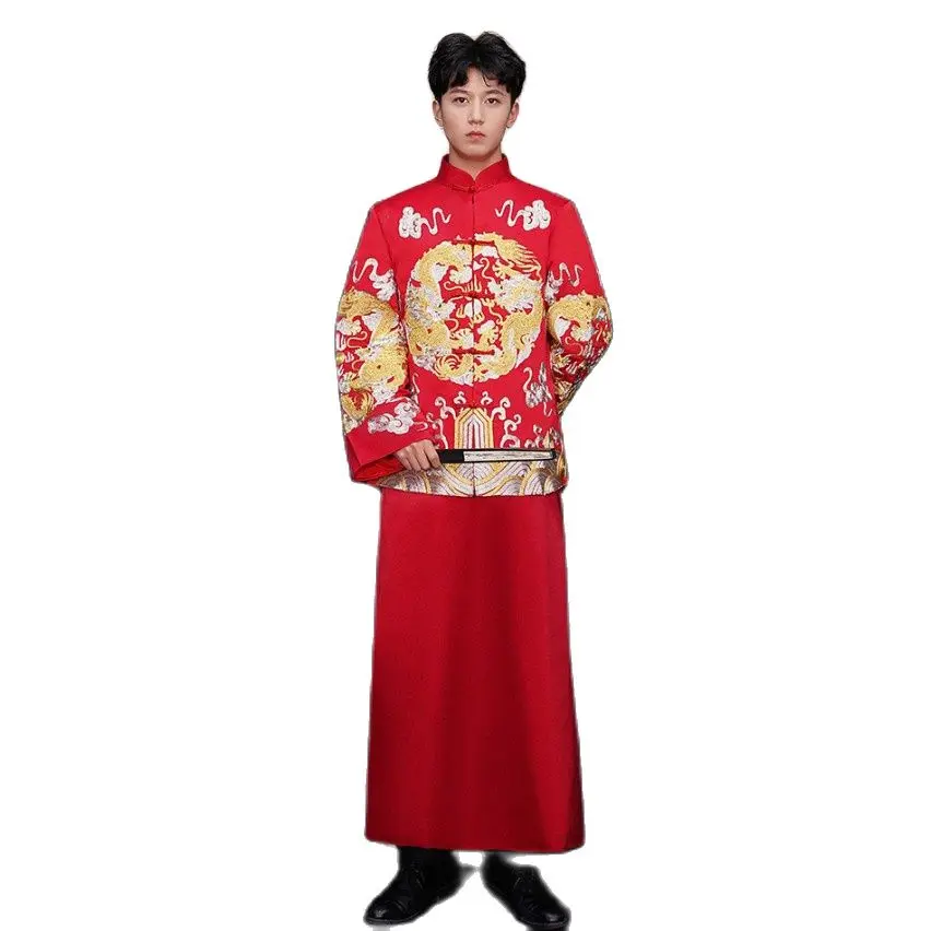 

Vintage Groom Tang Suit Embroidered Dragon Male Robe Oriental Bridegroom Gown Traditional Chinese Wedding Costume Sets