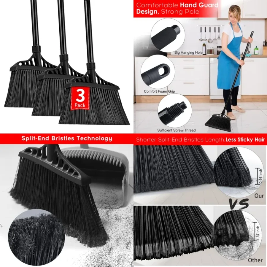 

3-Pack Heavy Duty Broom, Commercial Broom with 55 Long Handle Outdoor Indoor, Industrial Brooms for Sweeping Garage Concrete Co
