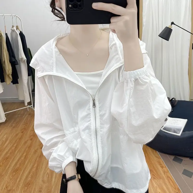 Summer New Thin Hooded Loose Cardigan Long Sleeve Solid Color All-match Youth Casual Tops Tees Fashion Vintage Women Clothing