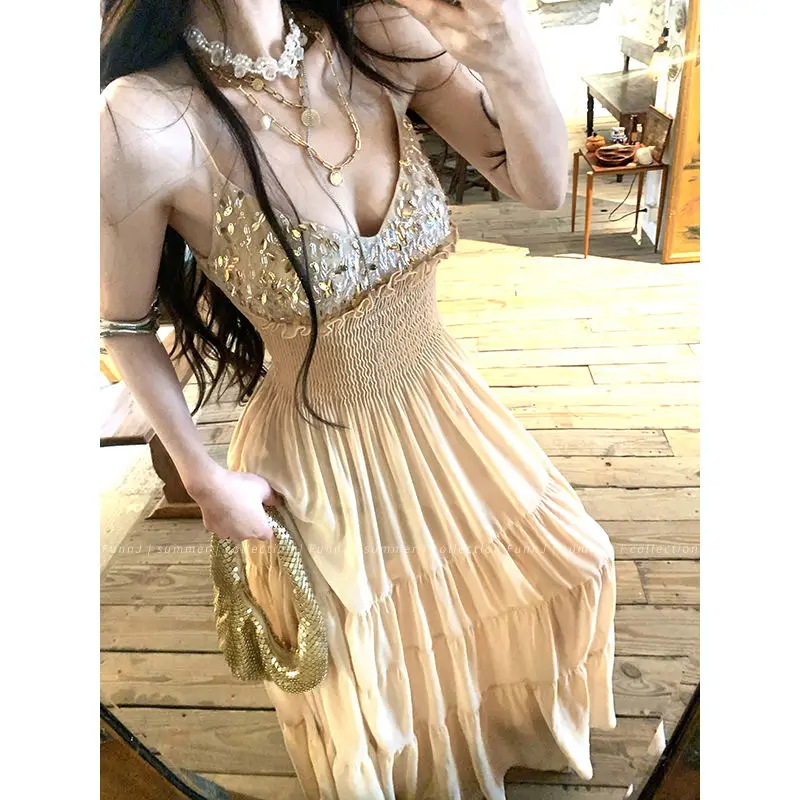 

Temperament Holiday Style Qianjin Sense Corset Slip Dress Women Summer Sequined Pleated Backless Sleeveless Patchwork Long Dress