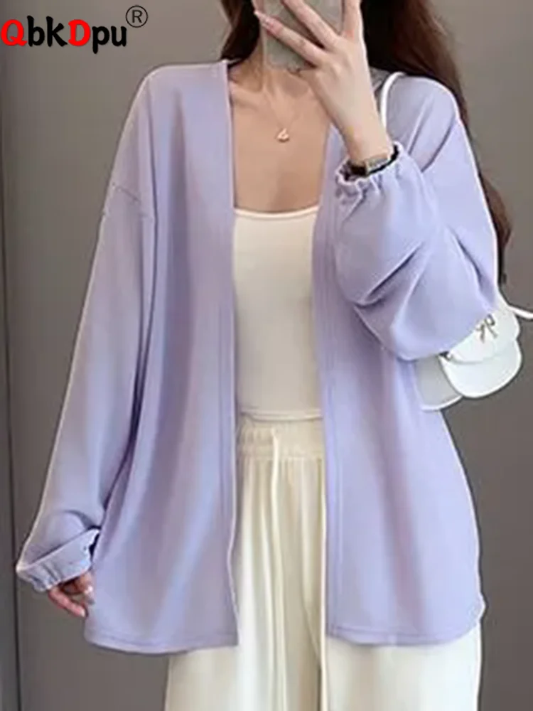 

Ice Slik Sunscreen Thin Cardigan Women Casual Long Sleeve Classic Solid Coats Tops Korean Fashion Summer New Loose Outerwears