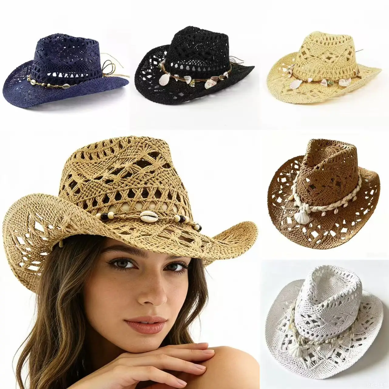 Summer Bohemian Beach Panama Hat, Crochet Straw Cowboy Sun Hat with Shell Beads  Hollow Out Wide Brim UV Protection for Women