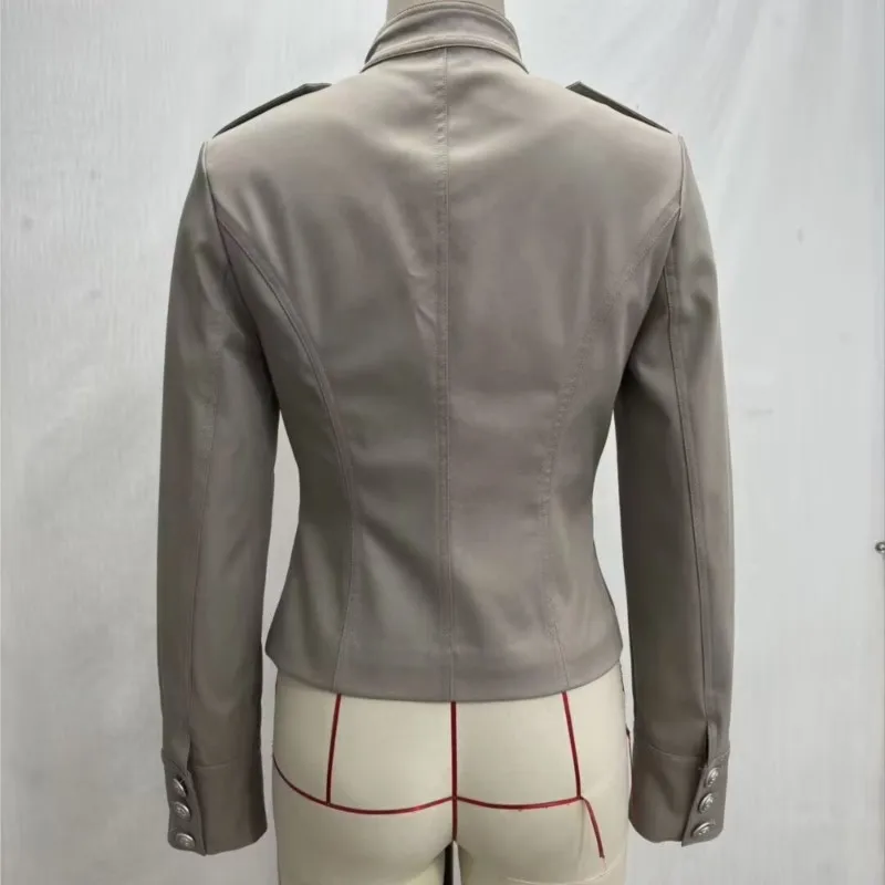 Women's Spring Fashion Splicing Button Decoration Short Coat Female Solid Stand Collar Long Sleeves Casual Slim Street Jacket