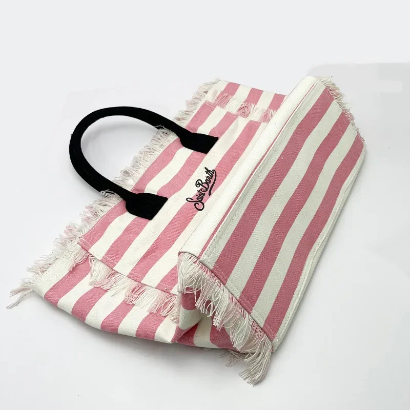 Ladies Tote Bag Striped Handmade Tassel Light Luxury New Ladies Large Capacity Tote Fashion Comfortable Casual Travel Canvas Bag