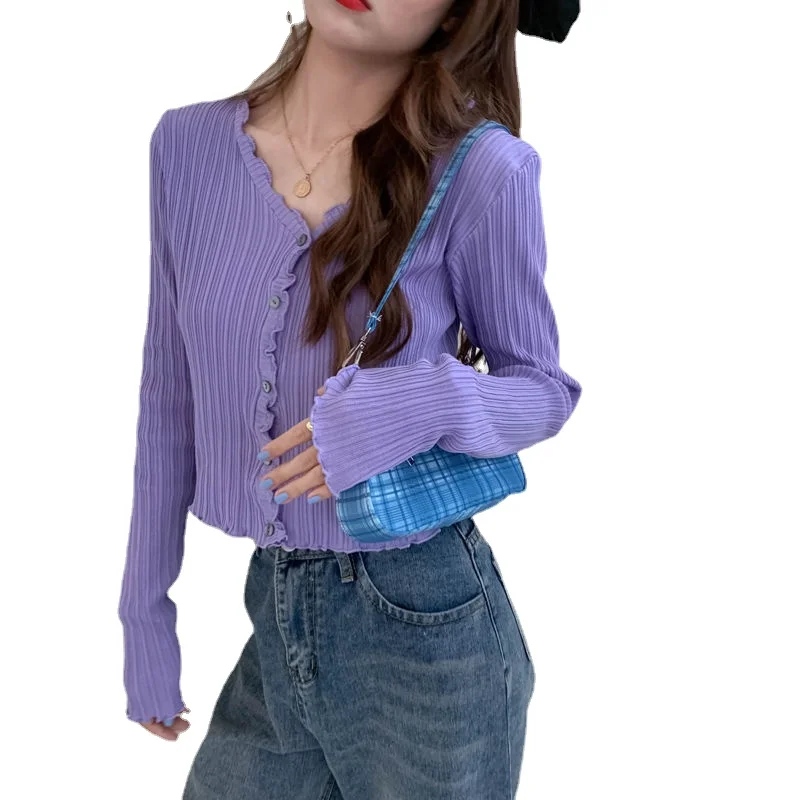 Cardigan Elegant Women Casual Button Up Sweet Fashion Knitted Ropa Mujer Long Sleeve Korean Ribbed Purple Tshirts Green Top