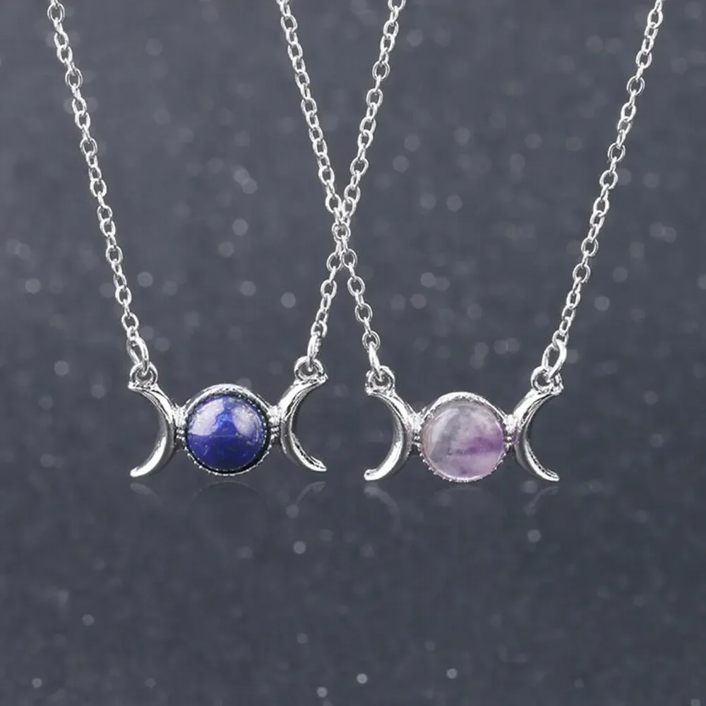 Crescent Moon Vintage Necklaces for Women Girls Mini Round Bead Natural Lapis Lazuli Amethyst Reiki Quartz Stone Pendants Choker