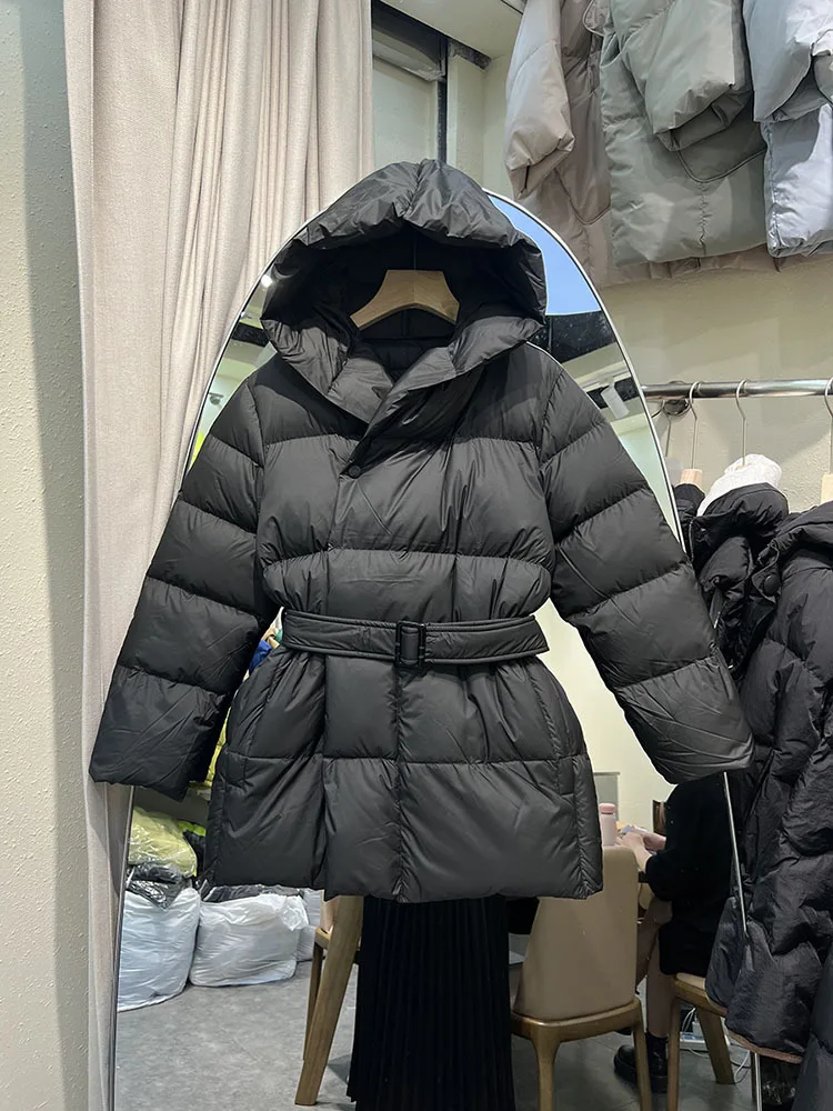 2023 Winter Women\'s Down Jackets Ultra Light Warm Casual Coat Female Puffer Jacket With a Belt Plus Size Hooded Parka Overcoat