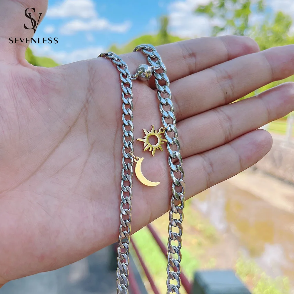 2pcs/set 18K gold plated titanium steel Sun Moon Charm couple Bracelet men and women simple stainless steel magnet jewelry gift image 6