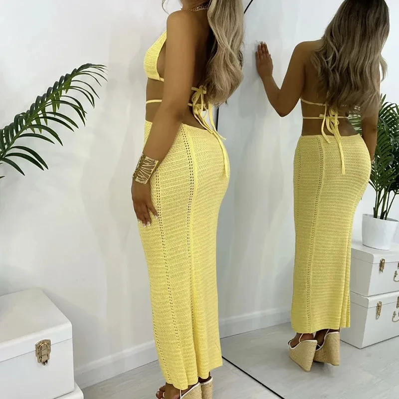 Bonny New Style Hollow Out Backless Tie Up Dress Women Beach Holiday Sun Bathing Sunscreen Dress Knitting Beachwear Cover Up