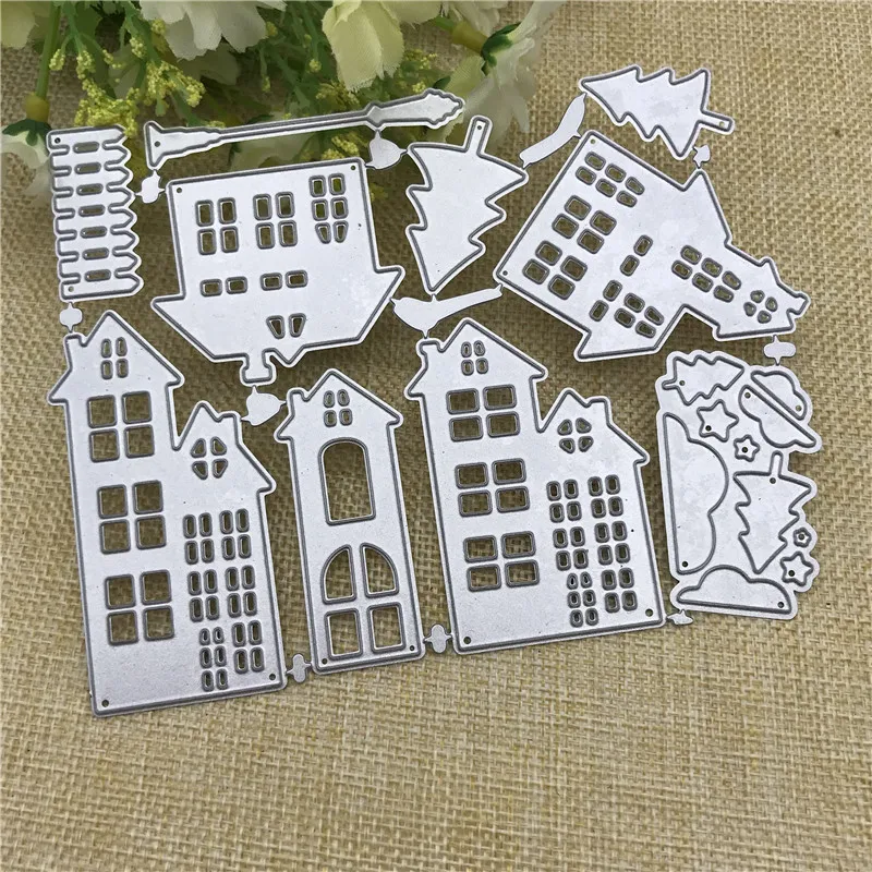 Molde de metal estêncil para artesanato, cidade, construção, decoração, scrapbook, recortes, álbum, artesanato, gravação de papel, faça você mesmo, cartão