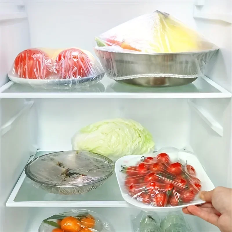 Disposable PE Bowl Covers 100 Pack, Food-Grade Stretchable Fresh-Keeping Film for Refrigerator, Odor-Free Kitchen Use