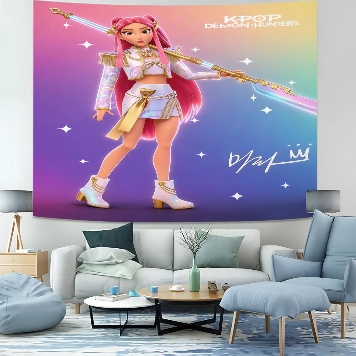 

Гобелен KPOP Demon Hunters RUMI с 3D-персонажами, настенный декор для спальни, гостиной, общежития, идеальный подарок для фанатов K-pop