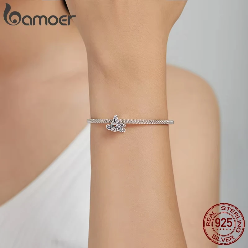 BAMOER クラシック 925 スターリングシルバーレターヴィンテージ A から Z 26 文字チャーム透かし CZ アルファベットビーズフィットチャームブレスレット BSC030