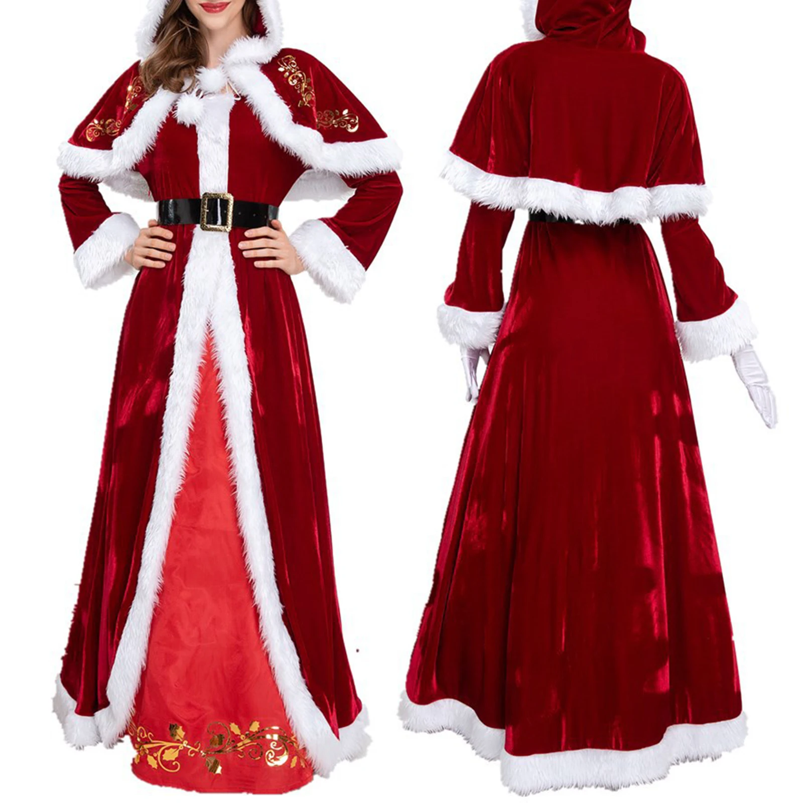 

Womens Christmas Santa Claus Costumes White Trim Velvet Maxi Dress with Belt Hooded Cloak Cape Gloves Xmas Dress Up Party Suit