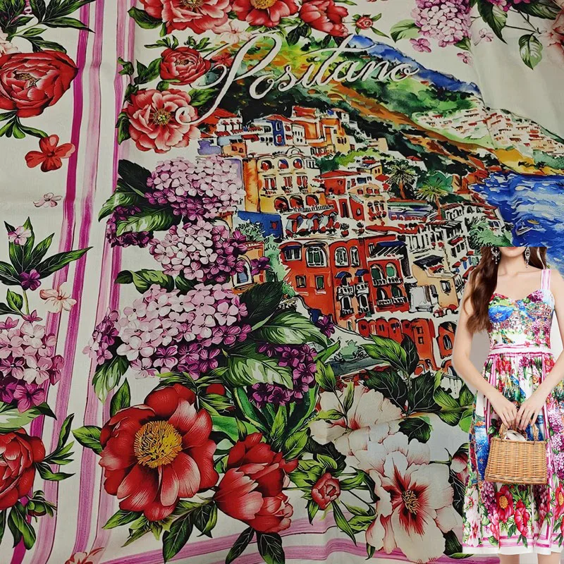 

Хлопковая ткань из поплина с принтом города и розы для женской летней юбки, блузки, ткань «сделай сам», швейный материал