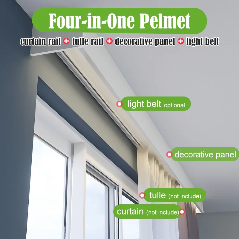 Curtain Pelmet with Double Rails Decorative Panel and Optional Smart Light Belts Wall Mounting Customize Length