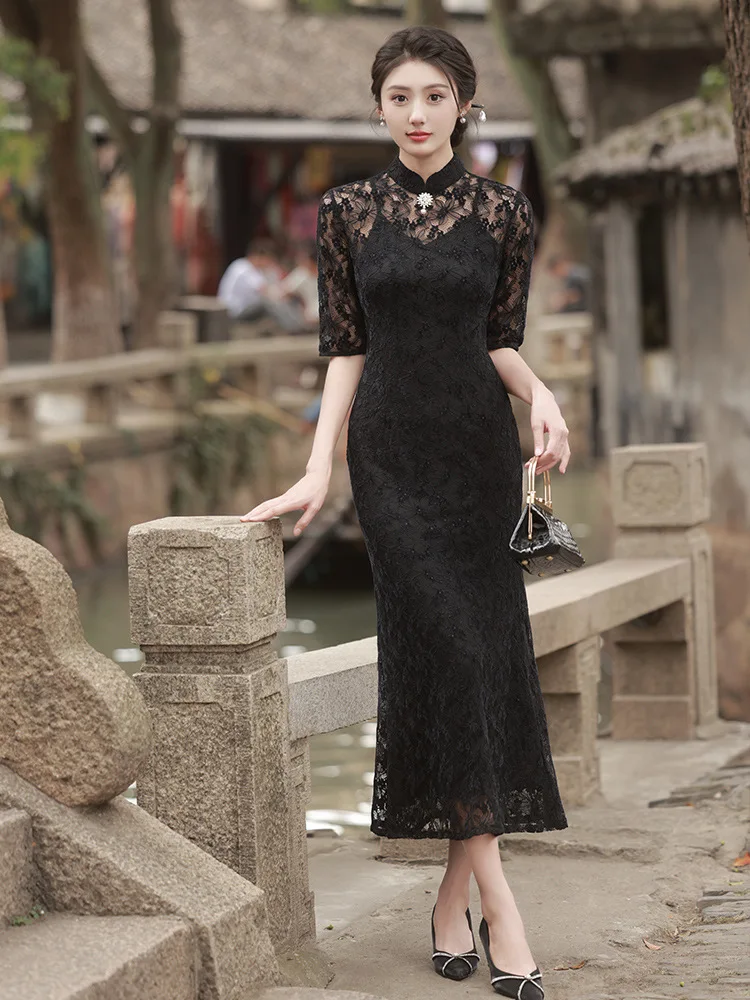 

FZSLCYIYI Vintage Half Sleeve Embroidery Mermaid Chiffon Qipao Chinese Mandarin Collar Femme Cheongsam Women Wedding Dress