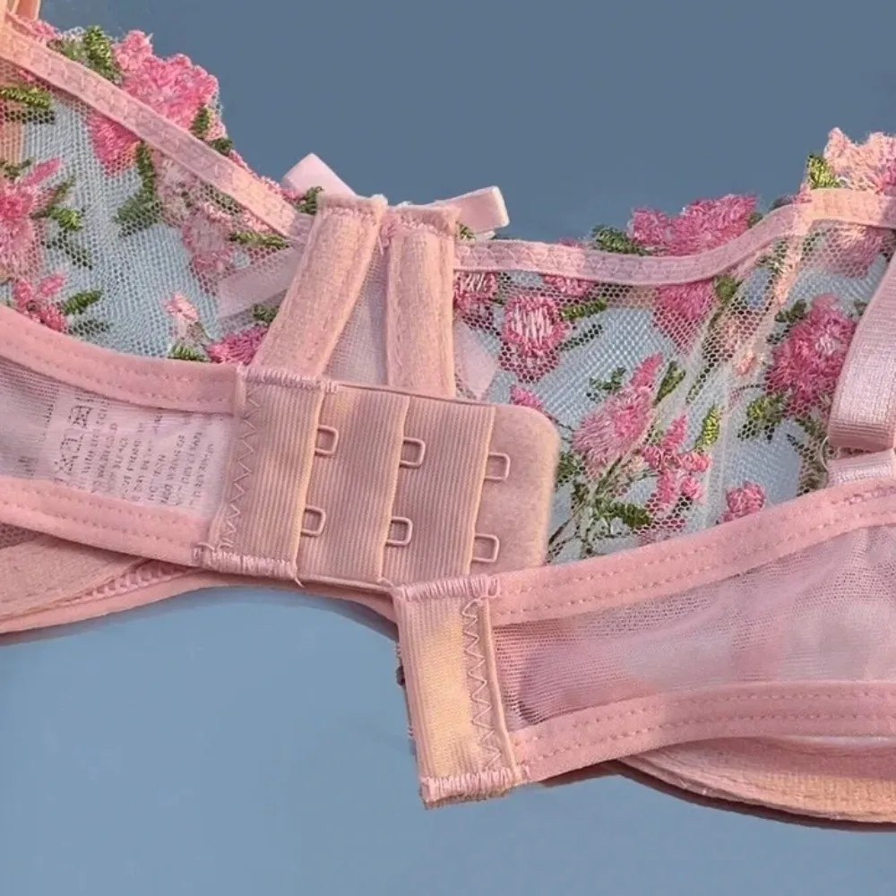 2pcs Set Sweet Mesh Lace Flower Bra Sexy Embroidery Bra Panties Set Bowknot Intimates Push Up Bra Women Romantic Evenings