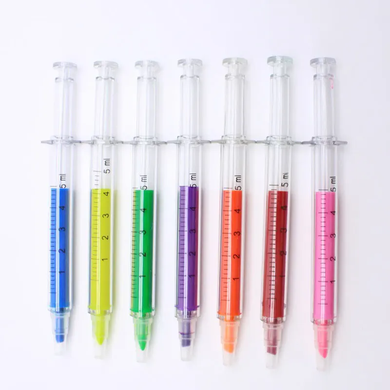 60Pcs Syringe Highlighter Pen Syringe Needle Shape Mechanical Color pen Ballpoint for Office School Marker Writing Tool