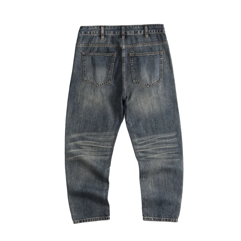 High quality long baggy jeans for men big size moustache effect  wash cotton denim casual vintage trousers 2024 clothing - blue