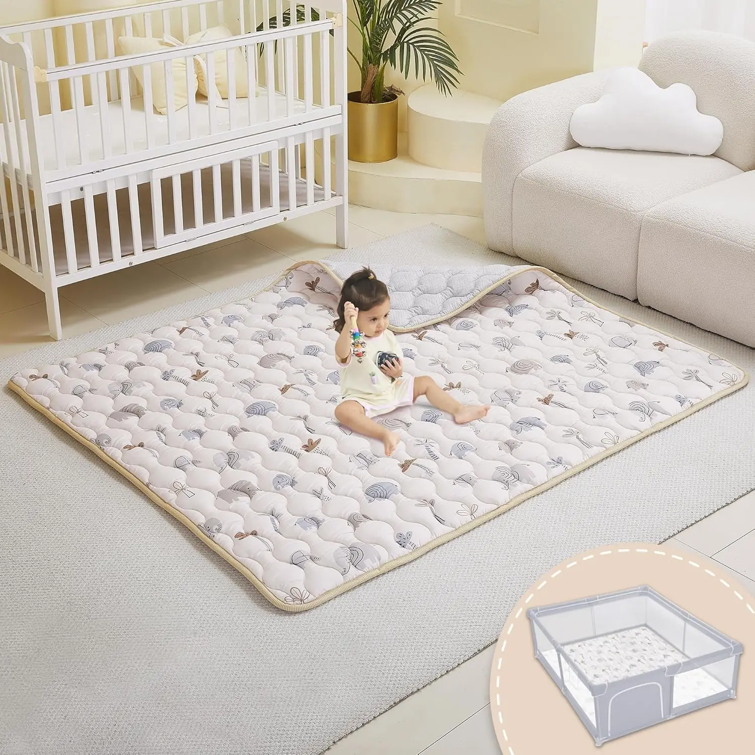

50x50 Inch Baby Playmat, Thick Cushioning Floor Mat for Toddlers, Non-Slip & Washable, Gray Elephant