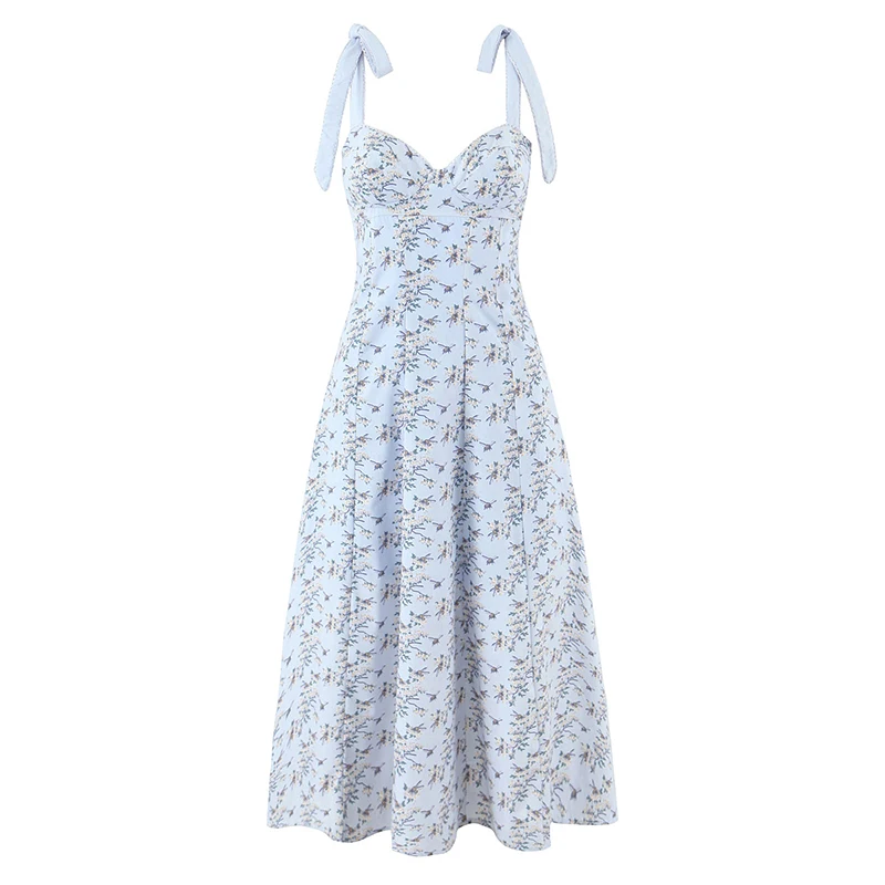 

Jastie Blue Cotton Printed Midi Long Sundress Women Lace Up Bandage Back A-line Elegant Dress Summer Robe Holiday Party Vestidos