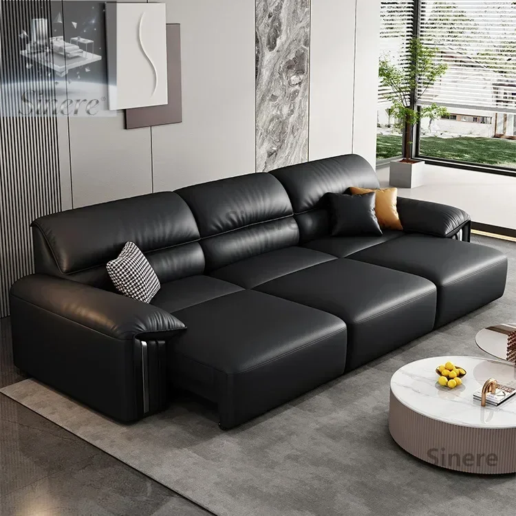 

Electric sofa multi-functional modern simple first-layer cowhide living room small apartment straight row black leather sofa bed