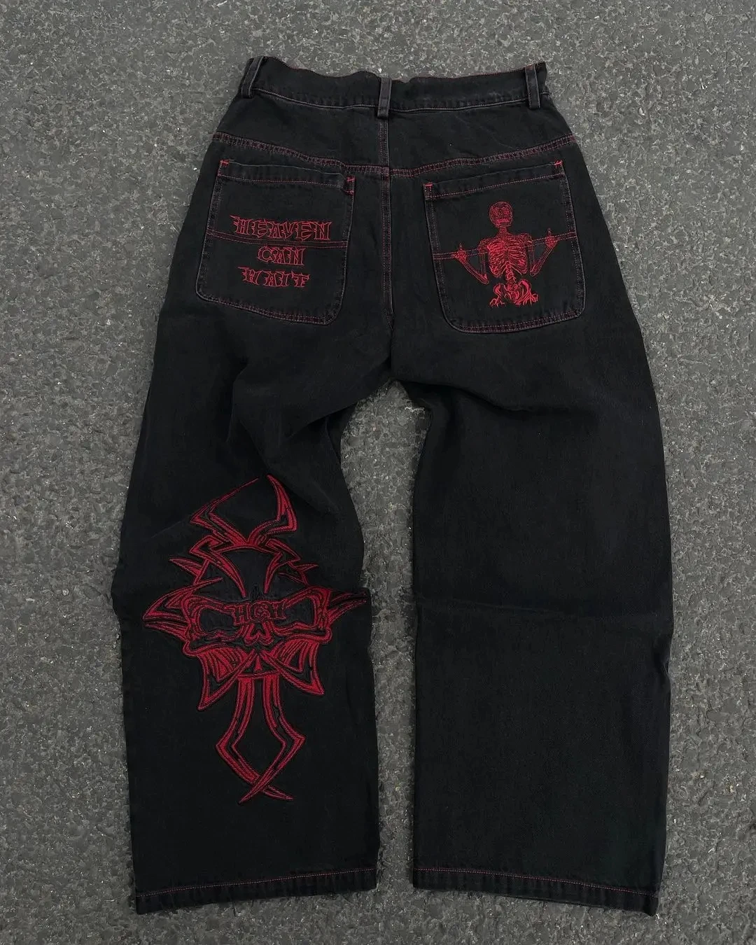 Y2K kot erkek Hip Hop Retro kafatası nakış yıkanmış yeni düz rahat gevşek geniş bacak pantolon Streetwear Baggy Denim pantolon