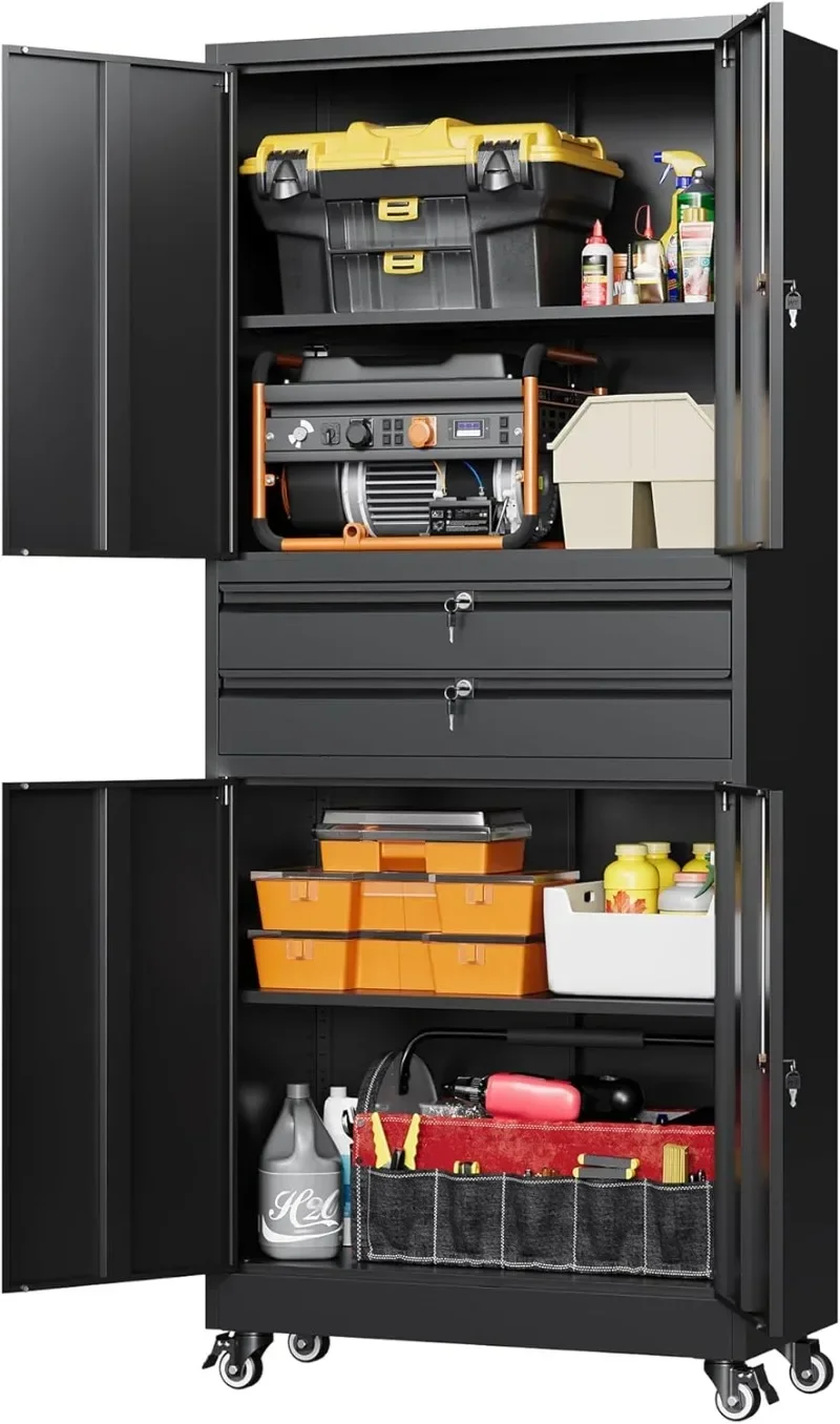 

Letaya Metal Garage Storage Cabinet with Wheels,Rolling Tool Cabinet with 4 Door Lock-Adjustable Shelves and 2 Drawer for Garage