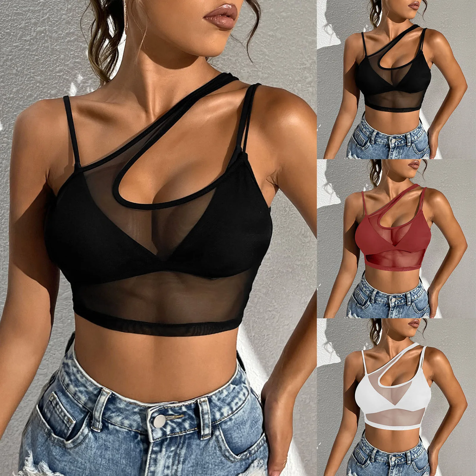 Sexy Black Women Sheer Mesh Top Spaghetti Strap Hollow Out Sports Tees Slim See-through Transparent Crop Tops Club wear Blouse