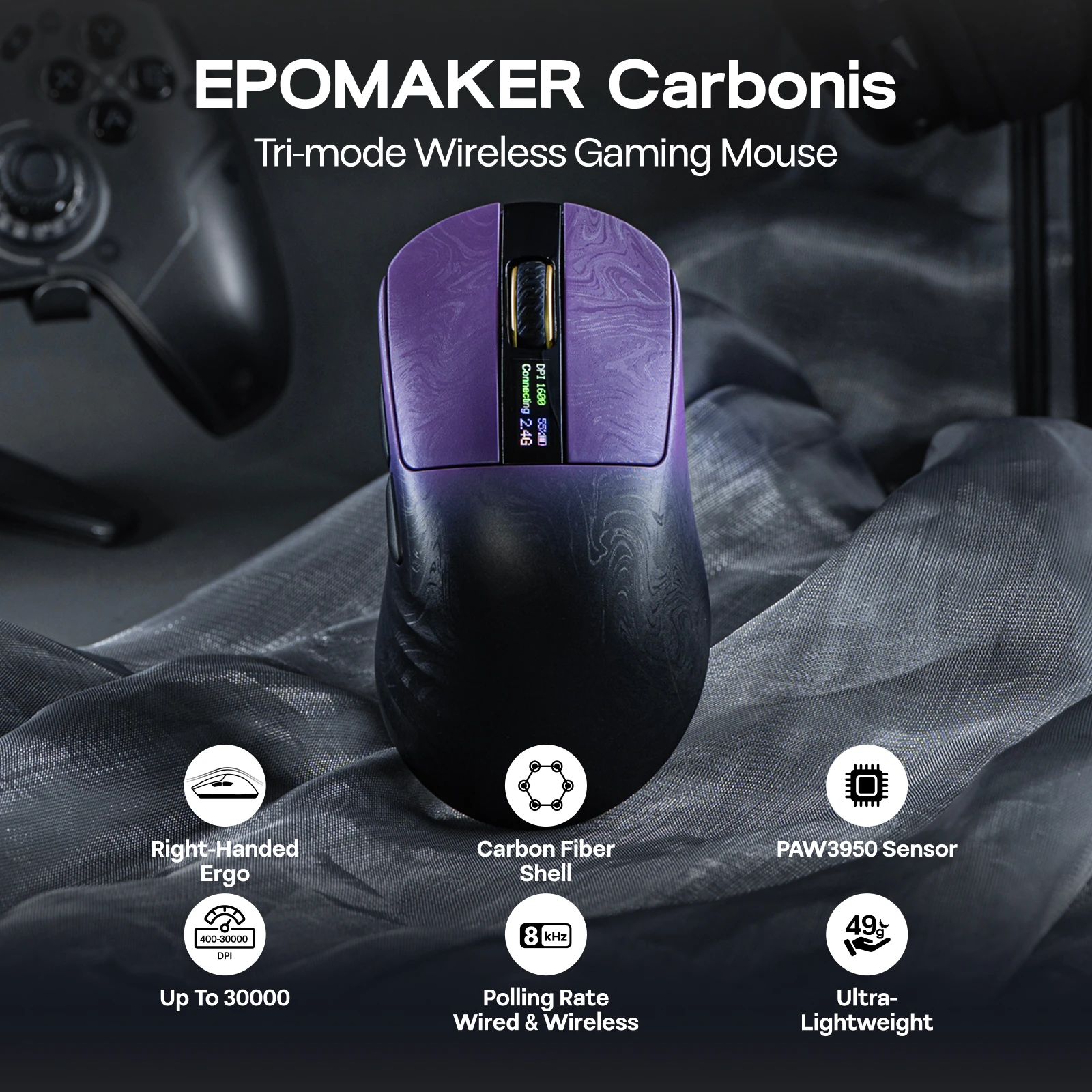 EPOMAKER Carbonis 트라이 모드 무선 PAW3950 센서 게이밍 마우스 8K 폴링 레이트 및 30K DPI 디지털 디스플레이가 있는 인체공학적 마우스