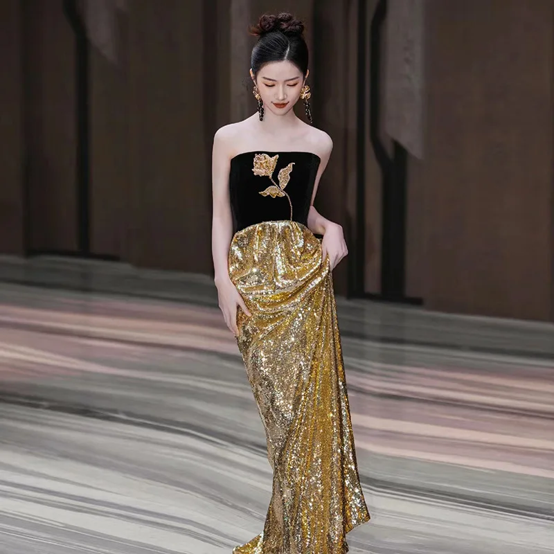 Avondjurk 2025 Tube Top Temperament Bar Mitswa Verjaardagsfeestje Jurk Zwart en Goud Fijne Flash Formele Jurk Vrouwen Elegant