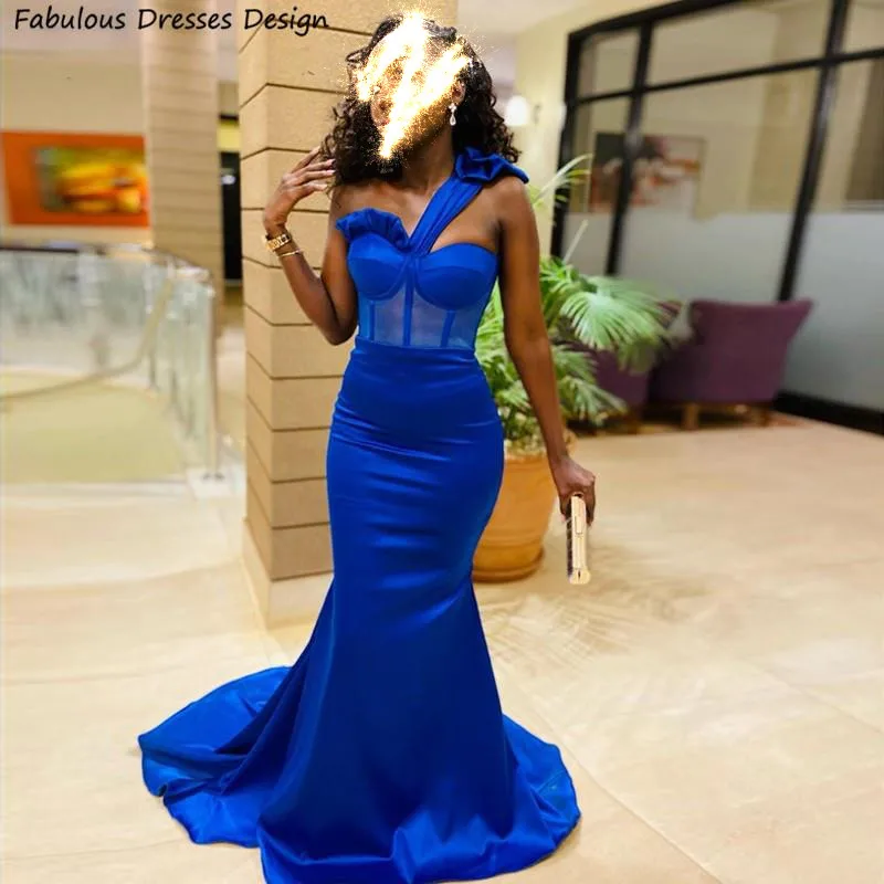 

Royal Blue Long Mermaid Prom Dresses One Shoulder Backless Sweep Train Transparent Waist Formal Occasion Dress For Women