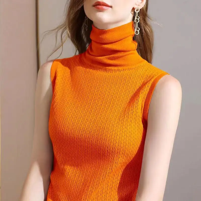 Wholesale Sleeveless Turtleneck Top Vest Base Slim Pullovers Women 2023 New Spring Autumn Short Solid Thin Knitted Tops