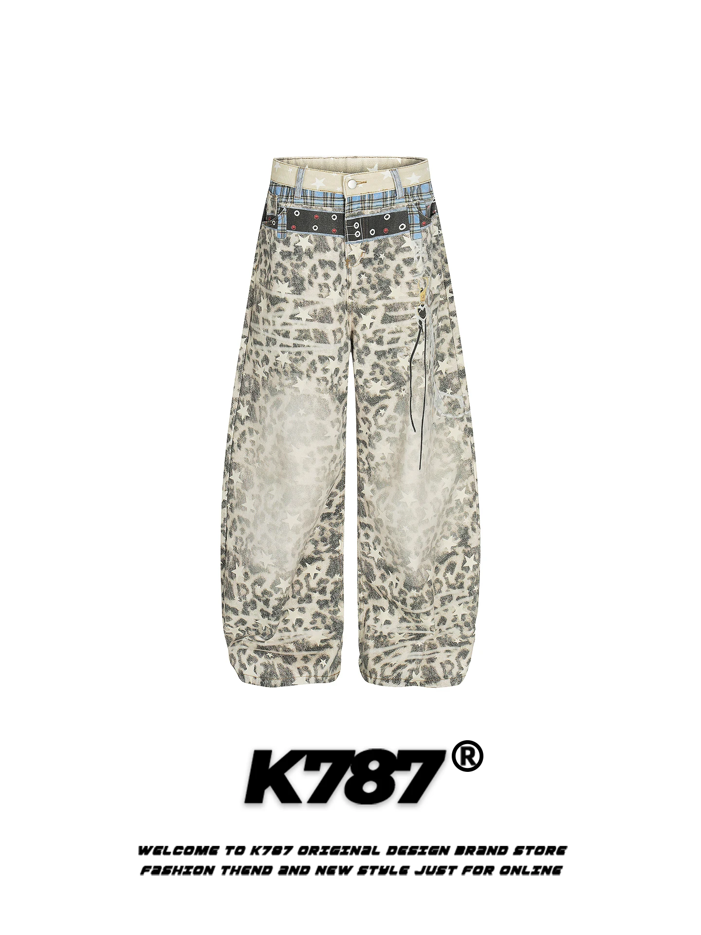 

K787 American Retro Leopard Print Star Double Waist Casual Pants Women Loose High Waist Slim Wide Leg Knife Workwear Trousers