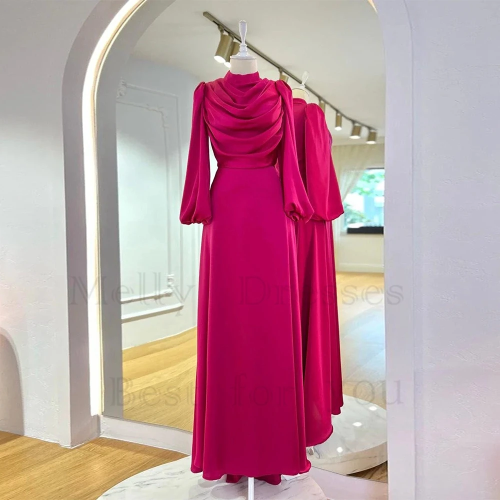 

High Neck Full Sleeve Islamic Evening Dresses Sheath Jersey 2024 Pleat New Summer Zipper Back Prom Gowns Robe De Soirée New