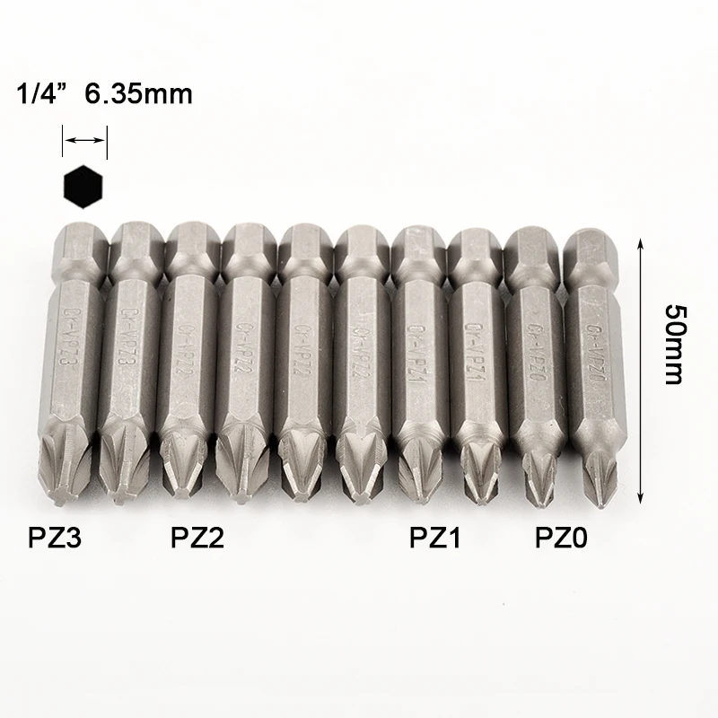 10pcs PZ0 PZ1 PZ2 PZ3 Electric Screwdriver Bit Set 1/4 Inch Hex Shank 50mm Long Pozidriv Bits For Power Tools Pozi Bit Head