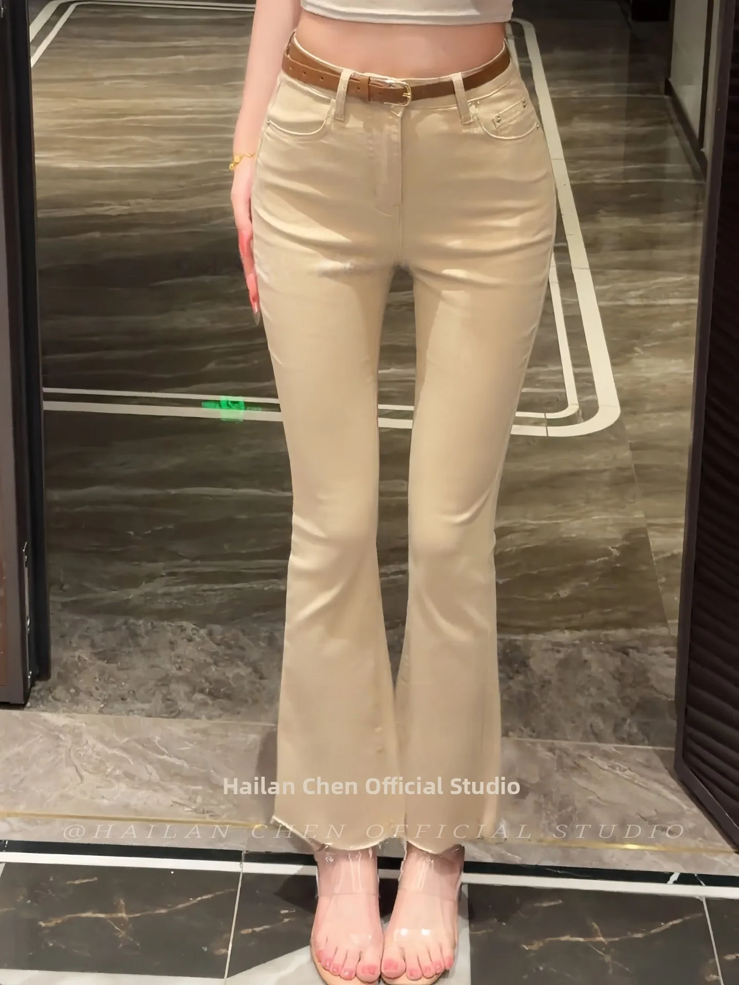 

Korean Style High Waist Slim Fit Denim Jeans Women's Bell Bottoms Frayed Hem Nine Point Flared Pants Retro Versatile Casual