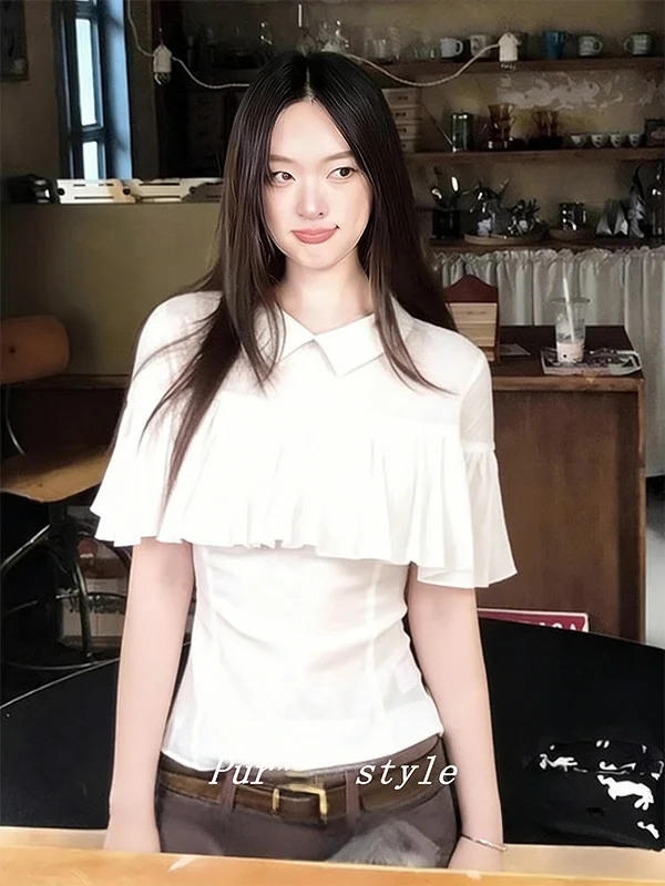 

Lightweight Summer Shirt Women's New 2026 White Cloak Style Pleated Top French Style Slim Fit Short Sleeve Breathable Skin-Fr...