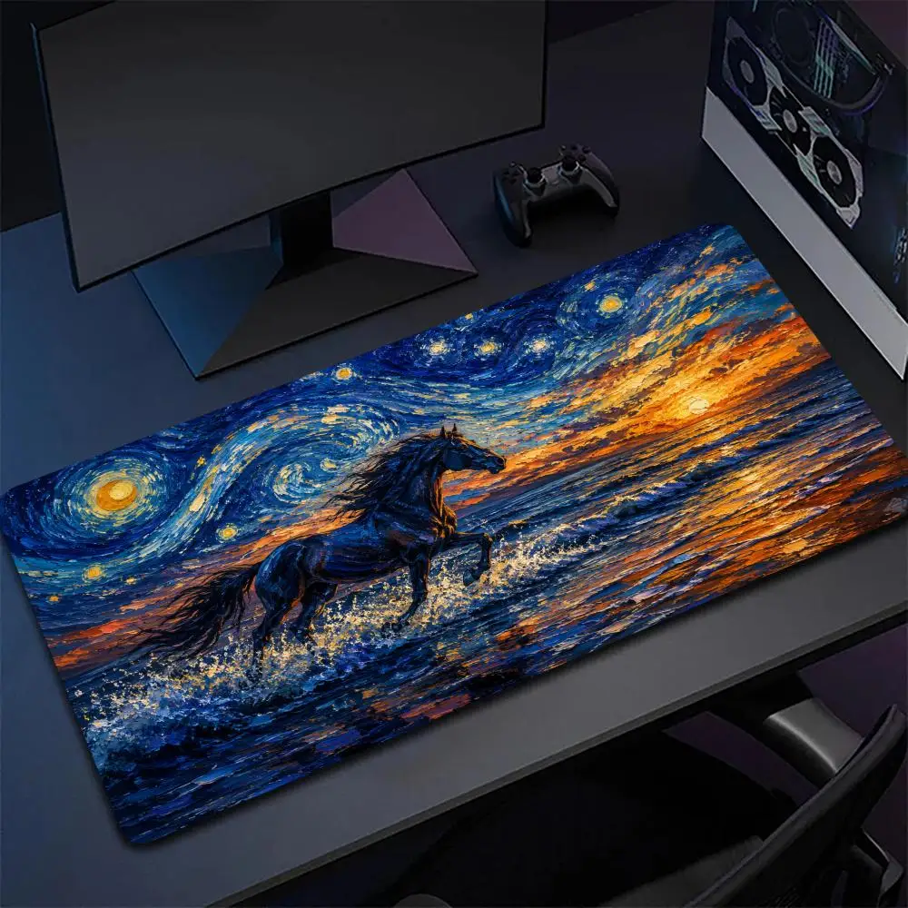 Van Gogh Style Running Black Horse Large Mouse Pad Starry Night Sea Sunset Oil Painting Art Desk Mat for Home  Gaming Decor